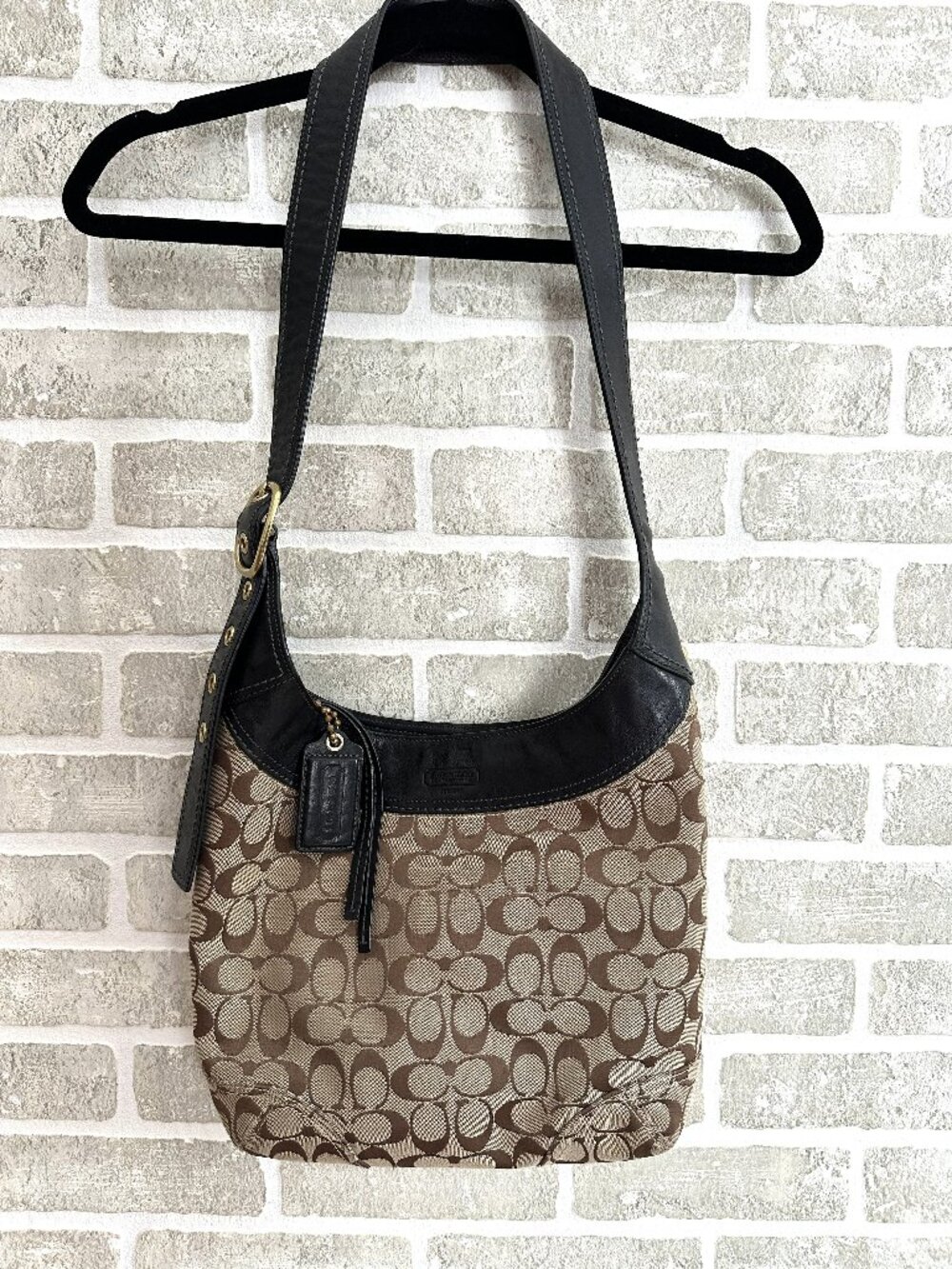 Coach Signature Brown Monogram Shoulder Bag Brown Leather Trim Small Hobo Purse